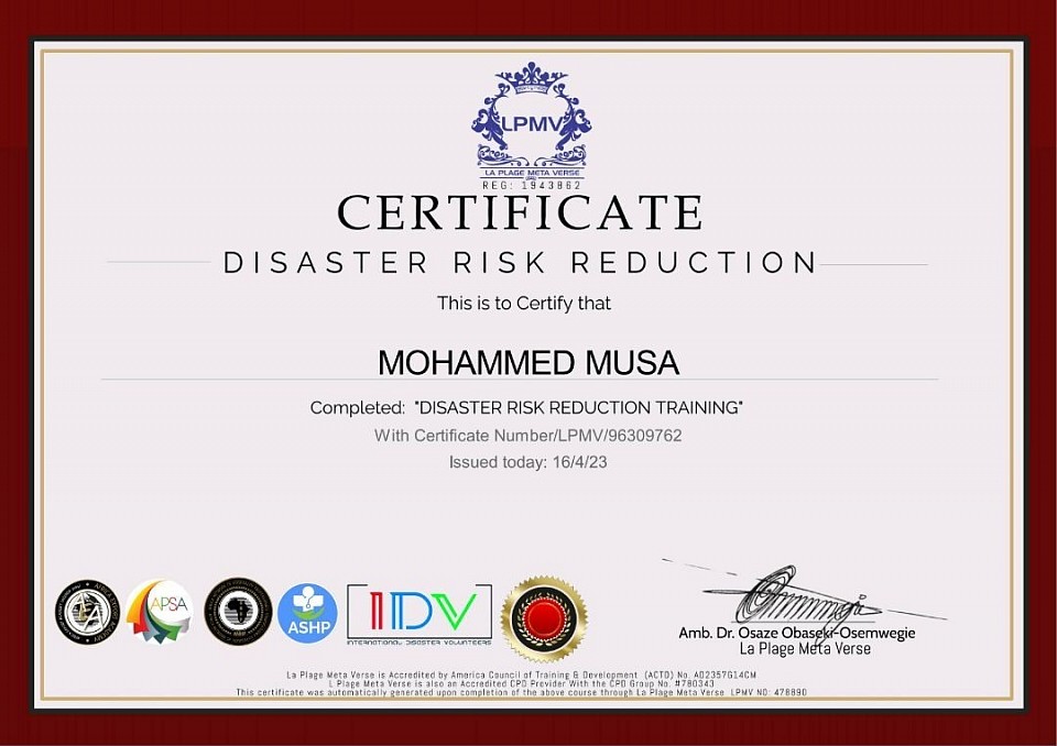 The Company MD is awarded Certificate on Disaster Risk Reduction Training by La Plage Metaverse